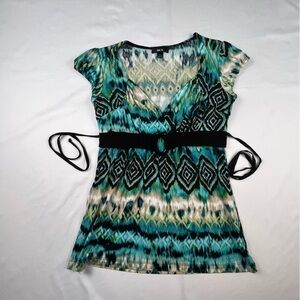 BCX - Women’s Belted Blouse - Medium - Vintage - Black, Blue, Green